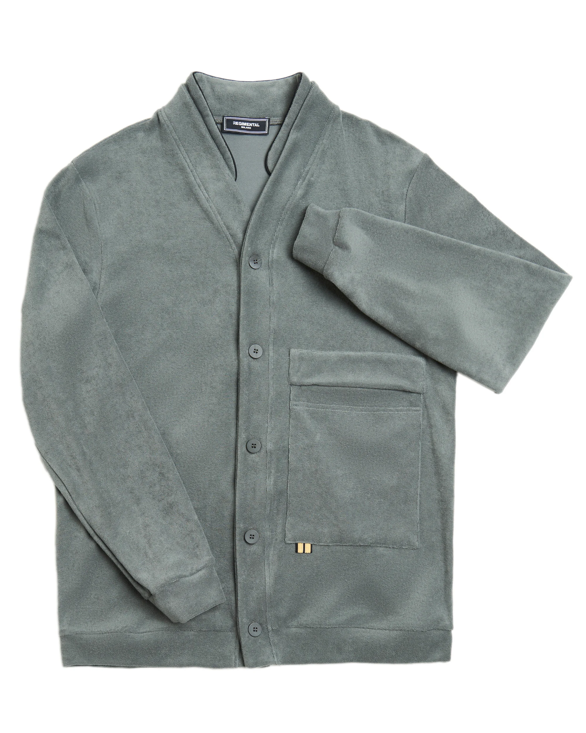 Regimental Milano C-Orient Grigio Taupe – cardigan in spugna grigio taupe diplomatico con collo Orient, vista frontale