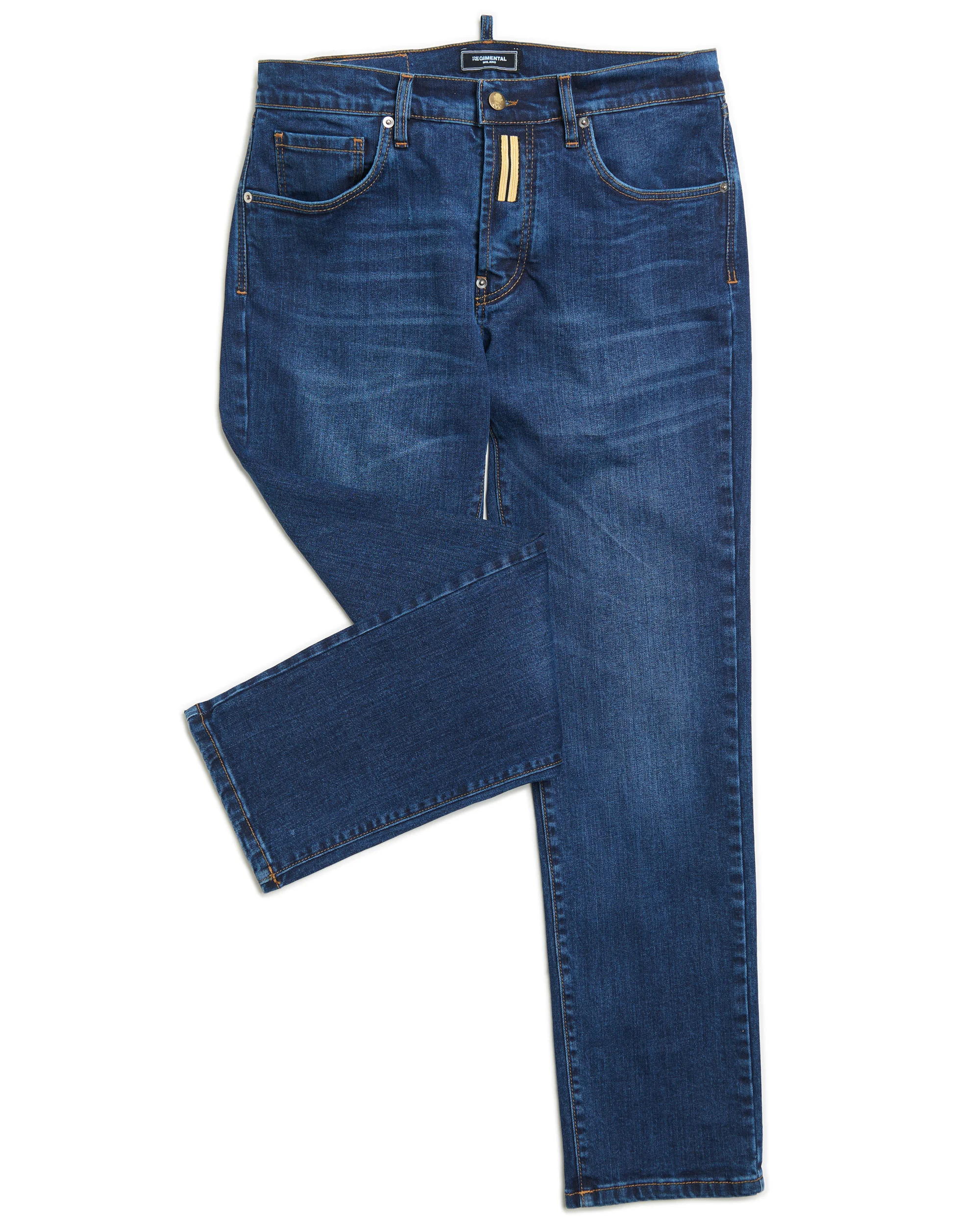 Regimental Milano jeans regular blu indigo ocean, vista frontale, denim stone washing con sfumature alla coscia