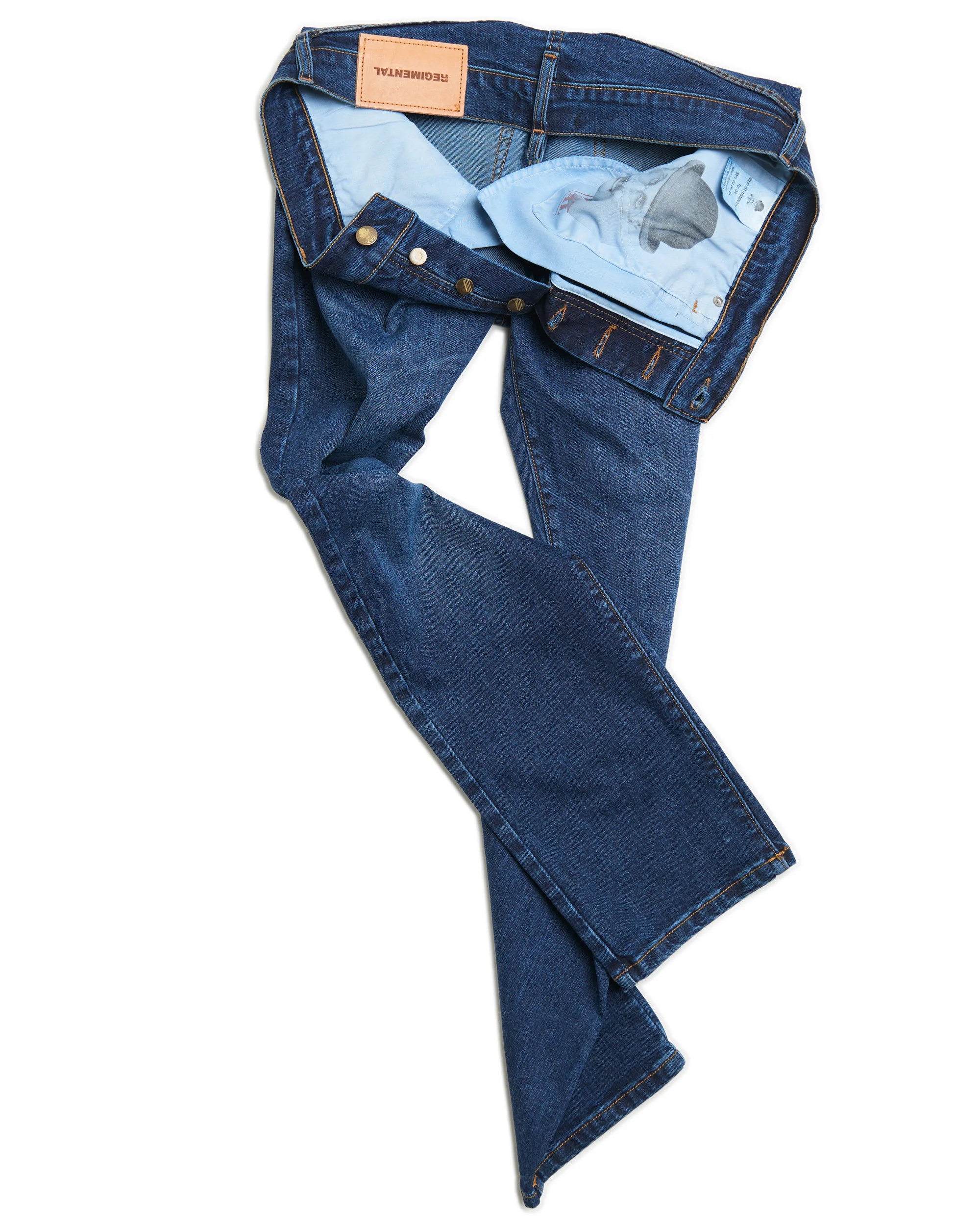 Regimental Milano jeans dettaglio interno con fodera stampata faccina logo e bottoni personalizzati